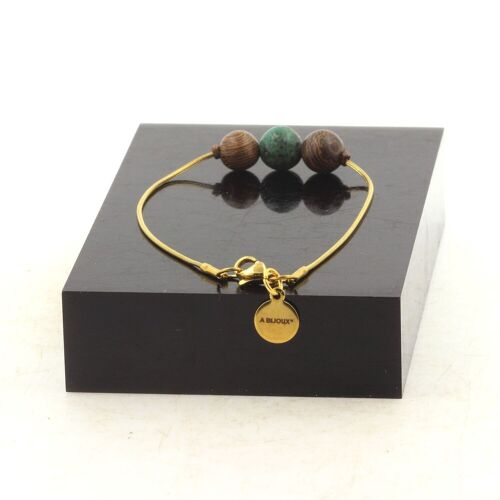 Bracelet En Acier Doré Inoxydable 1 Perle Turquoise Africaine + Bois 8 Fabriqué En France.