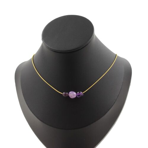 Collier 3 Perles Améthyste Du Brésil. Chaine En Acier Doré Inoxydable Collier Femmes, Hommes. Taille Personnalisable.
