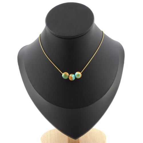 Collier 3 Perles Jaspe Bleu Orange 8 Mm. Chaine En Acier Doré Collier Femmes, Hommes. Taille Personnalisable.