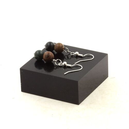 Boucles D'oreilles 2 Perles Seraphinite De Russie + Bois 8 Mm En Acier Fabriqué En France.