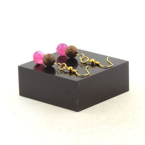 Boucles D'oreilles 2 Perles Agate Craquelé Rouge + Bois 8 Mm En Acier Fabriqué En France.