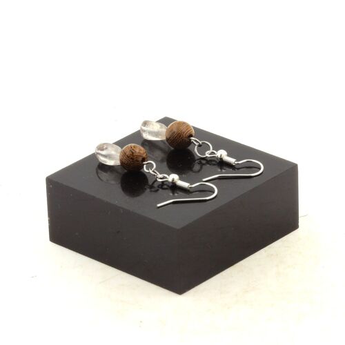 Boucles D'oreilles 2 Perles Super Seven Du Brésil + Bois 8 Mm En Acier Fabriqué En France.