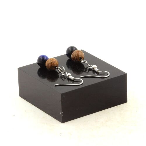 Boucles D'oreilles 2 Perles Oeil De Tigre Bleu + Bois 8 Mm En Acier Fabriqué En France.