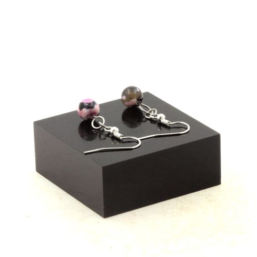Boucles D'oreilles 1 Perle Agate Fuchsia Et Marron 8 Mm En Acier Fabriqué En France.