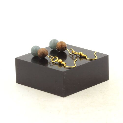Boucles D'oreilles 2 Perles Jade + Bois 8 Mm En Acier Inoxydable Doré. Fabriqué En France.