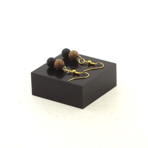 Boucles D'oreilles 2 Perles Onyx Noir Mat + Bois 8 Mm En Acier Fabriqué En France.