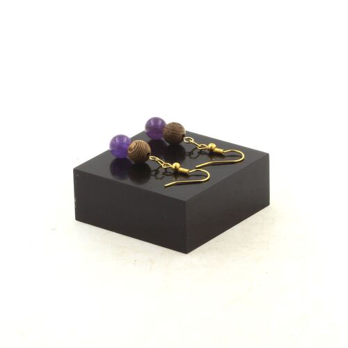 Boucles D'oreilles 2 Perles Améthyste + Bois 8 Mm En Acier Doré Fabriqué En France.