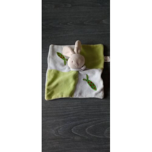 Doudou peluche lapin plat siplec vert et blanc.