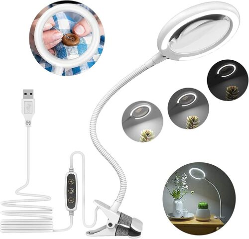 JEXNOVASHOP-Lampe loupe 3X avec Pince USB, Lampe loupe à Pince à lumière du Jour avec 6 réglages d'éclairage réglables, loupe avec lumière LED pour Lire Les travaux manuels, Les Loisirs de Couture