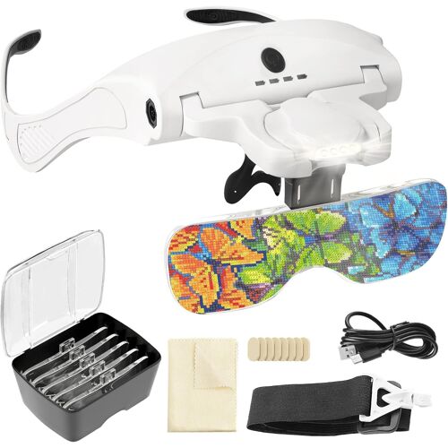JEXNOVASHOP-Lunettes Loupe Grossissante comme Diamond Painting Accessoires avec 4 LED et Réglage à 2 Niveaux, Lampe Frontale pour Lecture Bijoutier Broderie Peinture Diamant