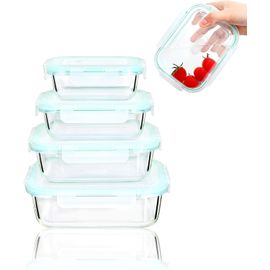 Lot De 4 Boîtes De Conservation En Verre Borosilicaté Robuste (370/640/1040/1520ml) + Couvercles + 1 Éponge De Nettoyage