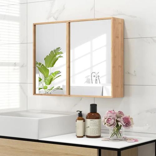 Costway Armoire Murale De Salle De Bain En Bambou, Avec Porte Et Miroir, 2 Étagères Ajustables, Pour Salle De Bain, Salon, Entrée
