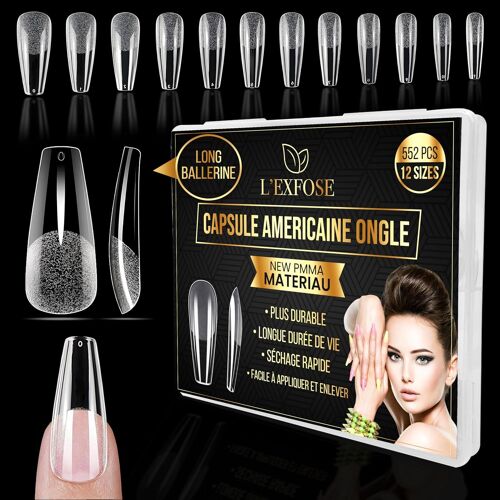 Kalanka-552 Pcs Capsule Americaine Ongle Ballerine - 12 Tailles Faux Ongles Long - Hypoallergenique Pmma Capsules Ongles Pose For Diy Nail Art & Salons - Semi Transparent Acrylique Ongle Capsule 