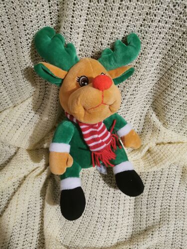 Peluche Doudou Renne Marron Vert Echarpe Rouge Rayée Sandy