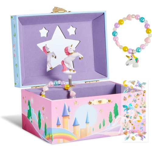 MEVRONISSHOP-Boîte à bijoux musicale pour fille, cadeau licorne pour fille de 4, 5, 6, 7 ans, jouet licorne rotative pour enfants, boîte à musique, cadeau avec miroir et bracelets licorne