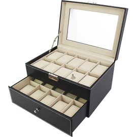 Jexnovashop-Coffret À Montres, Boite Pour Montres Et Bracelets - Dimensions: 28,5 X 20,5 X 15 Cm - Matériau De La Boîte: Verre - 20 Montres Avec Vitre Et Tiroir, Noir/Beige