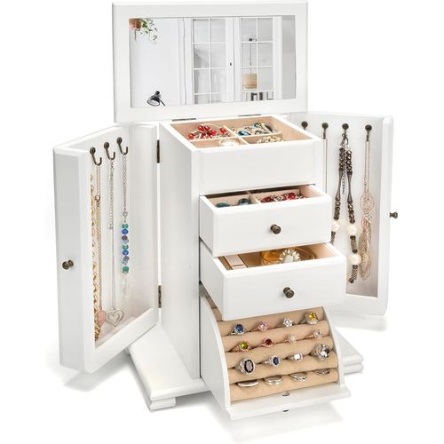 Jexnovashop-Boîte À Bijoux Pour Femme, Grande Rustique Boite A Bijoux Bois Avec Miroir, Boite Rangement Organisateur Bijoux 4 Couches Pour Colliers, Boucles D'oreilles, Bagues, Bracelets(White