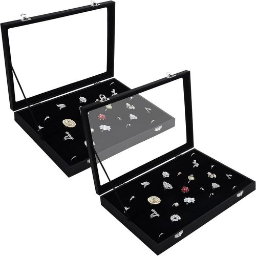 Presentoir Bagues En Velours Noir Avec Couvercle - Présentoir Bague Avec 100 Encoches - Rangement Bagues, Boucles D¿Oreilles Et Boutons De Manchettes Avec Couvercle Transparent
