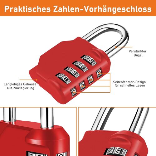 Lot de 2 cadenas à combinaison à 4 chiffres - Pour salle de sport et école - Résistant aux intempéries - Pour porte de cave, clôtures, garages - Rouge