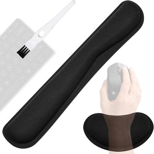 Set 2 Pièces Repose Poignets Clavier & Souris avec Brosse Mousse Mémoire Design Ergonomique Anti-Dérapant Lavable pour Télétravail/Bureau/Gaming (Noir)