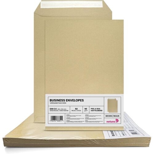 JEXNOVASHOP-50 enveloppes d¿expédition brunes C4 229x324mm 90g grandes pochettes d¿expédition sans fenêtre enveloppes commerciales grand format pour lettre a4 documents factures contrats enveloppe po