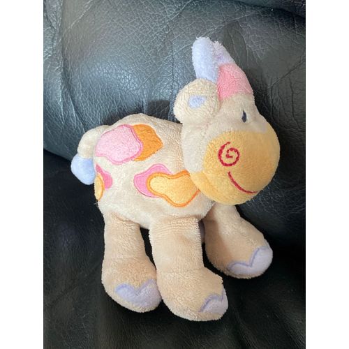 DOUDOU GIRAFE VACHE BEIGE TACHES ORANGE ROSE NATTOU MINI HOCHET 14CM
