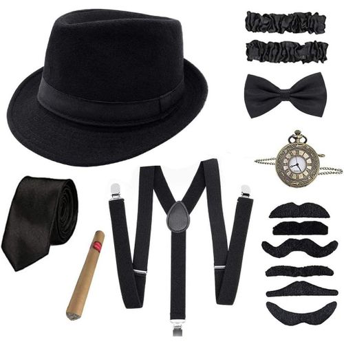 Années 1920 Hommes Gangster Déguisements Accessoires,Élastique Bretelles,Moustache,Cravate Noeud De Cou Mens Et Montre De Poche Vintage