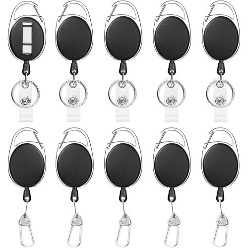 10 Pièces Noir Enrouleur Badge, 2 Modèles Rétractable Porte Clef, Cordon Rétractable Avec Enrouleur, Clips Rétractables Pour Bobine De Badge Avec Mousqueton, Pour D'identité, Carte, Clef