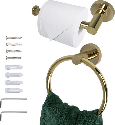 Senior-2 Pièces Anneau Porte Serviette Mural Et Porte Rouleau Papier Toilette En Acier Inoxydable, Accessoire Matériel Pour Salle De Bain Cuisine Wc Toilet, Or[L2199]