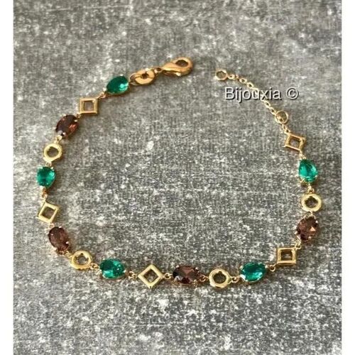 Bracelet - Bijouxia - Pierres Cristal Ambre Et Émeraude - Plaqué Or 18 Carats - Longueur 18 Cm