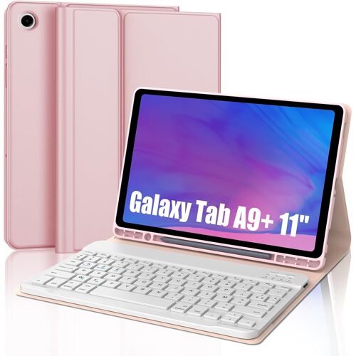 Coque Clavier Pour Samsung Galaxy Tab A9+ 11'' Français Clavier Détachable Sans Fil Bluetooth Pour Galaxy Tab A9+ 11 Pouces 2023,Rose Clair