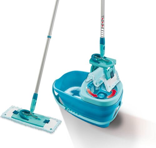 Clean Twist M Ergo Floor Wash Set with Ultra Soft Fleece and Wringer Bucket and Flat Mop Easy Spin Mop Microfibre Telescopic Handle Cleaning Kit for Delicate Floors