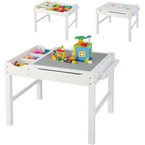 Costway 2 En 1 Table Enfants Avec Plaques Lego, Rangement Caché, Plateau Réversible Avec Rouleau De Papier Pour Dessiner Blanc