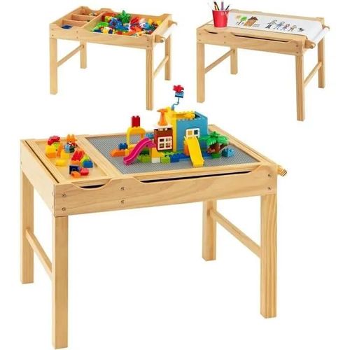 Costway 2 En 1 Table Pour Enfants Avec Plaques Lego, Rangement Caché, Plateau Réversible Avec Rouleau De Papier Pour Dessiner 3 Ans+