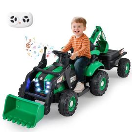 Costway 4 En 1 Tracteur Pour Enfant Avec 6 Roues, Remorque Amovible, Pelle, Seau, Télécommande, Led Et Musique, 3 Ans+, Vert