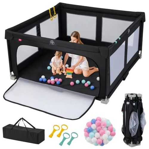 Costway Parc Bébé Pliable 150x150 Cm En Tissu Oxford Avec 50 Balle De Mer-4 Anneaux De Levée-Sac De Transport, Sans Bpa, Noir