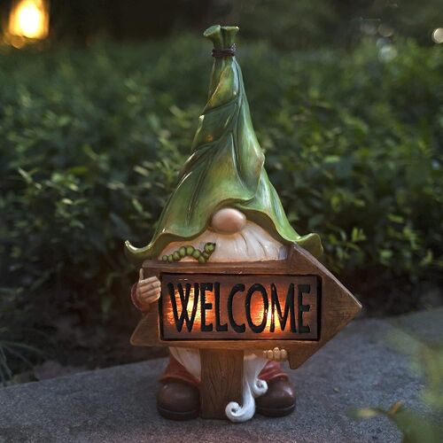 Figurine de jardin en résine - Tomte de Noël à longue barbe tenant un panneau de bienvenue avec lumière LED solaire