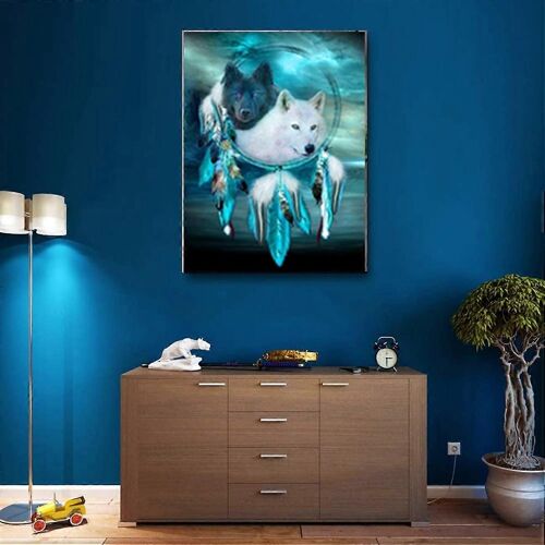 Peinture Diamant 5d Le Loup Noir Et Blanc Et L'attrape-Rêves, Kit Complet À Percer Par Numéro, Skryuie Diy Peinture À Strass Collée Avec Ensemble De Diamants Art