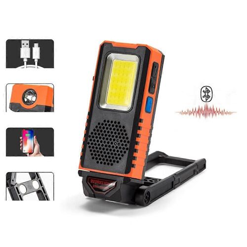 Lampe de travail LED multifonctionnelle 2025 avec aimant et haut-parleur Bluetooth, projecteur COB, lampes de réparation rechargeables USB