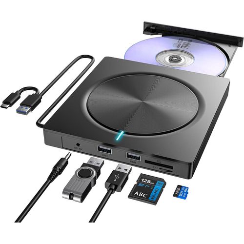 POLKI-Lecteur CD DVD Externe pour PC, USB 3.0 et USB-C Graveur DVD Externe avec 2 USB et Fente SD/TF, Optique Portable CD DVD -/+RW Drive, Lecteur CD DVD Externe pour Windows/MacOS/Laptop/Desktop