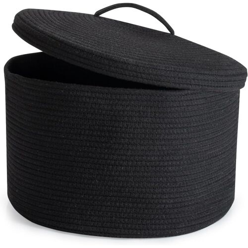 MEVRONISSHOP-Corbeille à Linge en Coton Tissé avec Couvercle 32L Pliable Panier de Rangement Tressé, Poignée Évidée, Placer des Jouets Vêtements, Adapté à Chambre à Coucher Salon, 40 x 25cm(Noir)