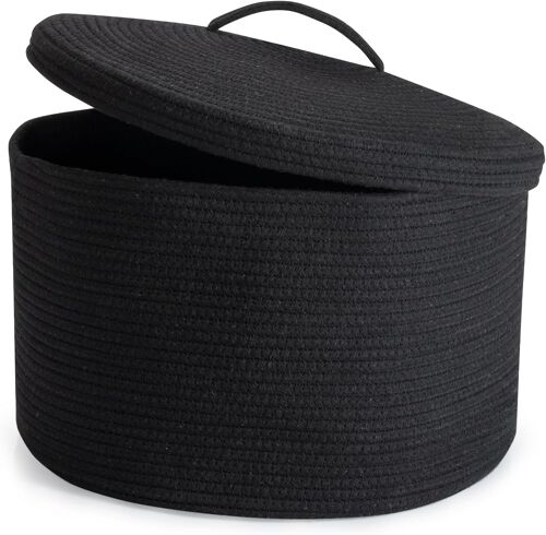 MEVRONISSHOP-Corbeille à Linge en Coton Tissé avec Couvercle 32L Pliable Panier de Rangement Tressé, Poignée Évidée, Placer des Jouets Vêtements, Adapté à Chambre à Coucher Salon, 40 x 25cm(Noir)