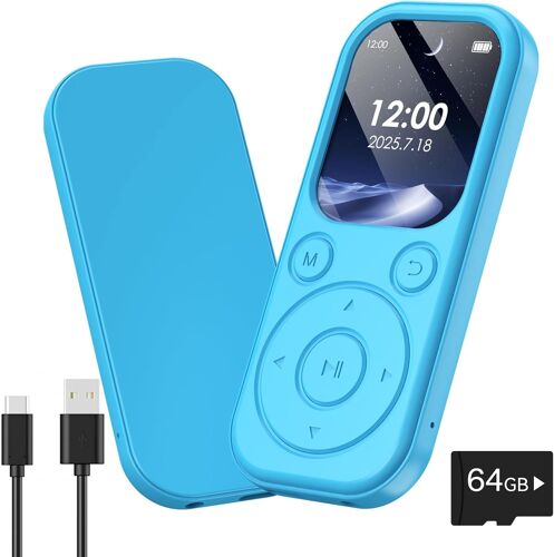 acdsgd-64GB Lecteur MP3 Bluetooth MP3 Player 2,01 Pouces avec écran Ultra-HD Batterie 300mAh Son HiFi Radio FM Livres électroniques Enregistrement Vocal Affichage d'images pour Sport et Voyages Bleu