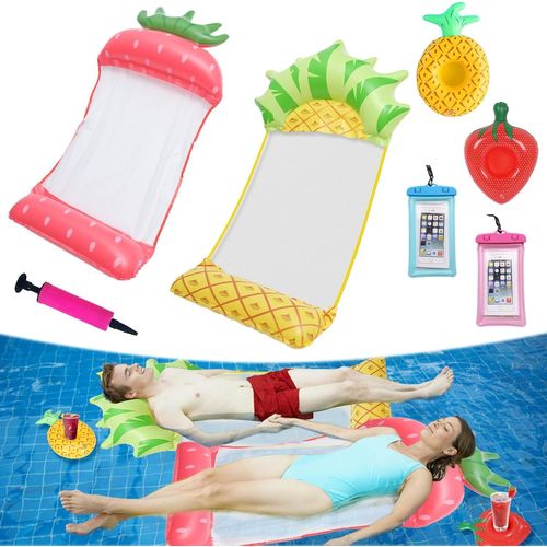 Matelas Gonflable Pour Piscine Accessoires Amusants 2 Matelas Gonflables Avec 2 Porte-Gobelets Gonflables, 2 Sacs Étanches, 1 Tuyau Gonflable 4 En 1 Hamac Avec Filet Pour Adultes Et Enfants