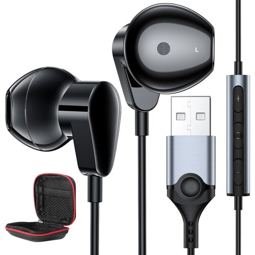 KALANKA-Écouteurs PC avec Microphone,Léger Casque USB A avec Câble 2,3M pour Jeux Vidéo,Intra-auriculaire Gaming Casque Filaire pour Ordinateur Portable Contrôle Audio pour Bureau Diffusion en Direct