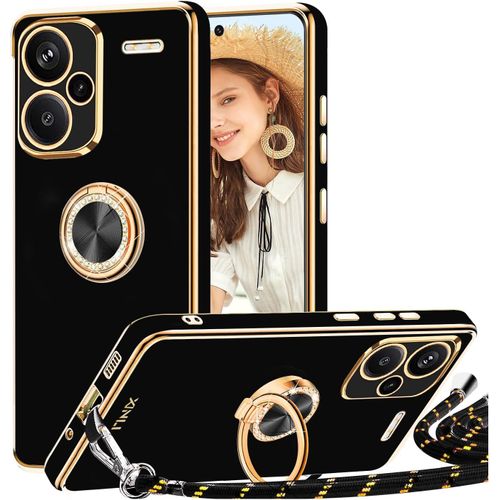 Coque Pour Xiaomi Redmi Note 13 Pro Plus 5g ¿ Bumper Tpu Souple Antichoc, Cordon Réglable Et Amovible, Anneau Rotatif 360°, Liseré Électroplaqué Doré, Noir