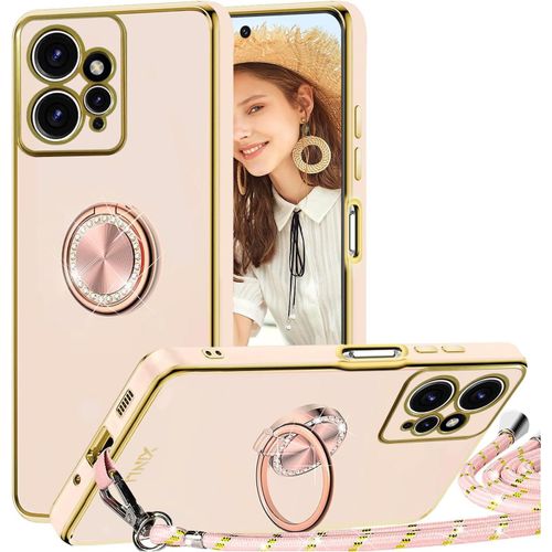 Coque Xiaomi Redmi Note 12 4g - Tpu Antichoc Souple Rose Avec Bandoulière Amovible Et Cordon Collier, Anneau Support 360° Rotatif, Bumper Protection Luxe Avec Motif Coeur Doré