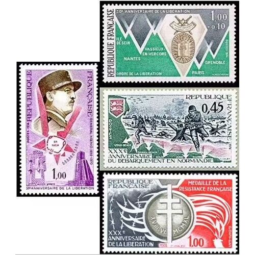 France 1974, Très Beaux Timbres Neufs** Luxe Yvert 1796 1797 30ème Aniversaire De La Libération, 1799 Débarquement De Normandie Et 1821 Médaille De La Résistance.