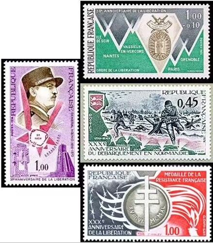 France 1974, Très Beaux Timbres Neufs** Luxe Yvert 1796 1797 30ème Aniversaire De La Libération, 1799 Débarquement De Normandie Et 1821 Médaille De La Résistance.