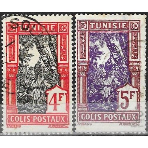 Tunisie, Protectorat Français 1926, Beaux Timbres Pour Colis Postal Yvert 22 Et 23, La Récolte Des Dattes, 4f. Rouge Et Noir Et 5f. Brun-Lilas Et Violet, Oblitérés, Tbe.